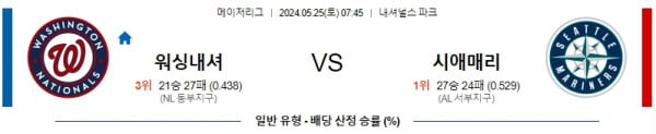 5월25일 워싱내셔 시애매리 MLB프로야구분석 해외스포츠