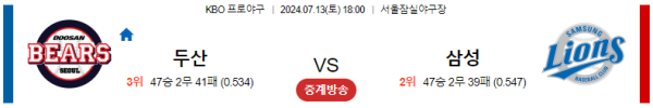  두산 삼성 KBO 분석 7월13일 18:00