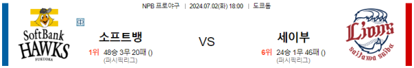 소프트뱅크 세이부 NPB 분석 7월2일 18:00