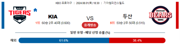 KIA 두산 KBO 분석 8월1일 18:30