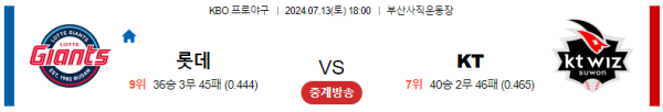 롯데 KT KBO 분석 7월13일 18:00