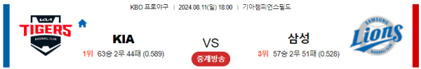 KIA 삼성 KBO 분석 8월11일 18:00